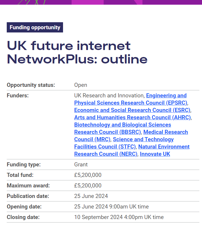 Apply for funding for a UK future internet NetworkPlus to develop our understanding of future internet possibilities.

Applicants are invited to complete our networking survey: orlo.uk/0t5JP 

Closes 10 Sept. Apply: orlo.uk/g32Td