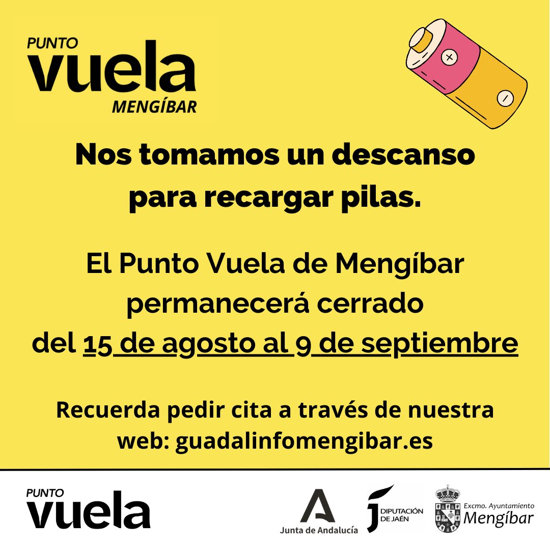 𝐄𝐧 𝐞𝐥 𝐏𝐮𝐧𝐭𝐨 𝐕𝐮𝐞𝐥𝐚 𝐌𝐞𝐧𝐠𝐢́𝐛𝐚𝐫 𝐧𝐨𝐬 𝐭𝐨𝐦𝐚𝐦𝐨𝐬 𝐮𝐧 𝐝𝐞𝐬𝐜𝐚𝐧𝐬𝐨 𝐩𝐚𝐫𝐚 𝐫𝐞𝐜𝐚𝐫𝐠𝐚𝐫 𝐩𝐢𝐥𝐚𝐬
Centro cerrado del 15 de agosto al 9 de septiembre.
<a href="/PuntosVuela/">Puntos Vuela</a> más cercanos: vuela.guadalinfo.es/puntos-vuela

𝗚𝗿𝗮𝗰𝗶𝗮𝘀 𝗽𝗼𝗿 𝗹𝗮 𝗰𝗼𝗻𝗳𝗶𝗮𝗻𝘇𝗮