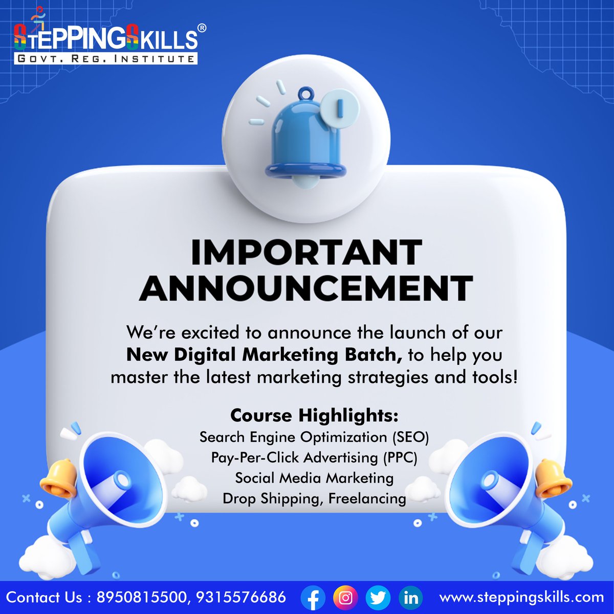 SteppingSkills's tweet image. We&apos;re excited to announce the launch of our New Digital Marketing Batch, to help you master the latest marketing strategies and tools!
#DigitalMarketingCourse #NewCourseLaunch #MarketingSuccess #DigitalMarketingSkills #LearnDigitalMarketing #DigitalMarketing #MarketingCourses
