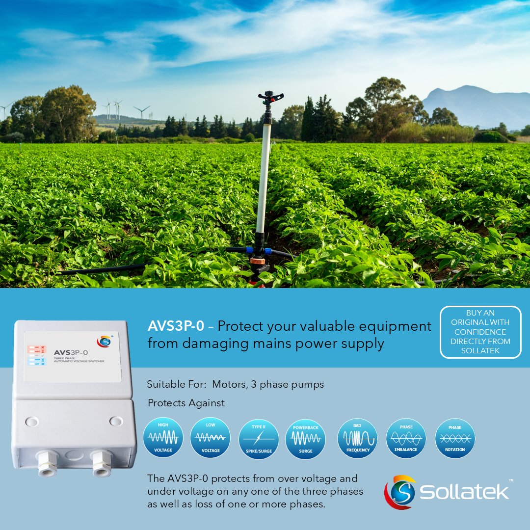 Protect Your 3-Phase Equipment with Sollatek AVS3P-0! Ideal for motors, 3-phase pumps, and industrial machines, this advanced protector guards against over and under voltage on any of the three phases. Keep your equipment running smoothly - trust Sollatek for reliable protection!