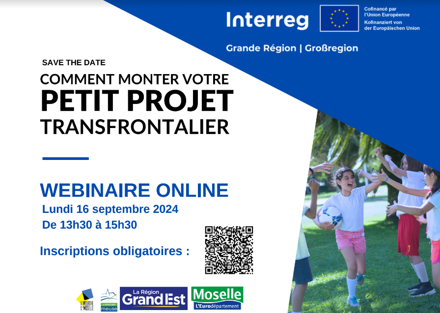 📣Infos pour les projets transfrontaliers 🇧🇪🇫🇷🇩🇪🇱🇺

Le Programme <a href="/InterregGR/">Interreg Grande Région - Großregion</a>  organise un webinaire sur le financement des "Petits projets" 📆 le Lundi 16 septembre de 13h30 à 15h30, en ligne (en français)

✒️Inscription individuelle obligatoire : forms.office.com/e/pEQajRj9KS
