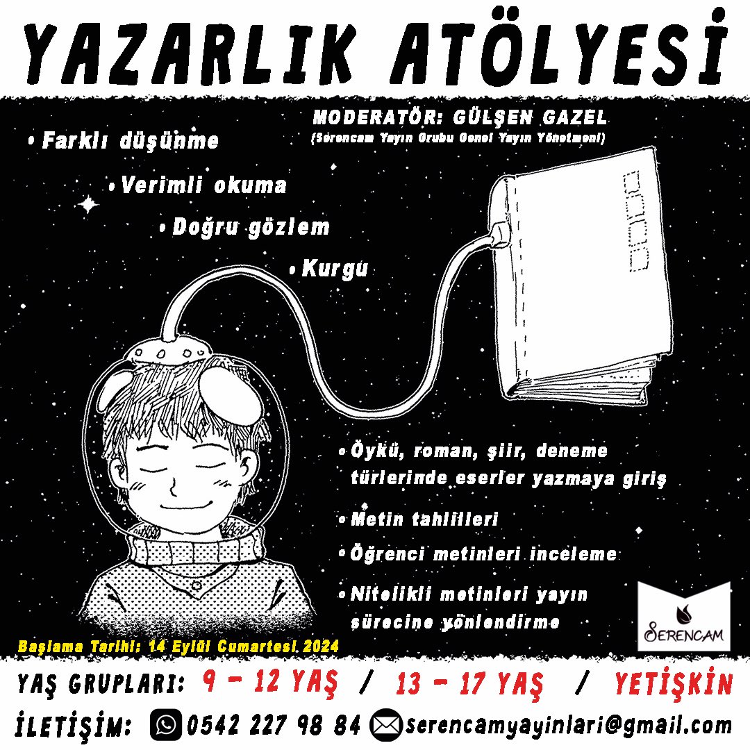 serencamkitapp's tweet photo. Serencam Yayınları Gaziantep yazarlık atölyesi başlıyor. Yazarlık hayalinizi gerçeğe dönüştürmek için farklı yaş gruplarına yönelik sınırlı kontenjanda siz de yer alın. Detaylı bilgi için e-posta adresimizden iletişime geçebilirsiniz. https://t.co/OJrIYPMwrA