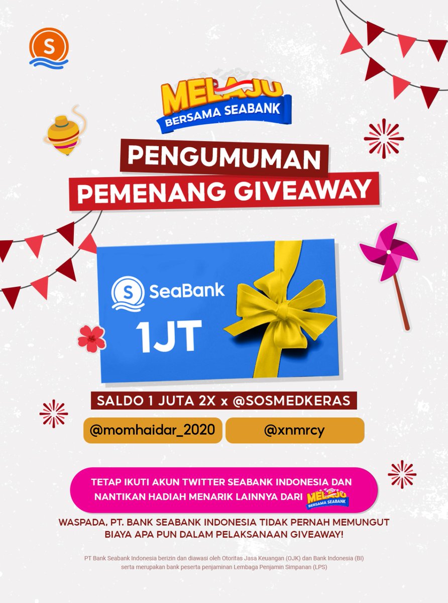 SeaBankID's tweet photo. 📢 PENGUMUMAN PEMENANG GIVEAWAY #MELAJUBERSAMASEABANK 📢

Selamat kepada para pemenang di Twitter @SeaBankID! Ayo, CEK THREAD di bawah ini untuk melihat yang beruntung kali ini!

Jangan khawatir, masih banyak hadiah dan kesempatan seru lainnya dari #MELAJUBERSAMASEABANK 🇮🇩 https://t.co/OuWANTP44m