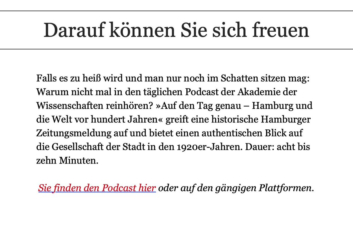 Akademie der Wissenschaften in Hamburg (@awhamburg) on Twitter photo Heute #Podcast-#Tipp in der #Elbvertiefung von <a href="/ZEIT_HH/">ZEIT Hamburg</a>: Unser neuer #Geschichtspodcast #AufdenTaggenau – Hamburg und die Welt vor 100 Jahren.
#DaraufkönnenSiesichfreuen🙂👉🏽 awhamburg.de/mediathek/podc… Heute #Podcast-#Tipp in der #Elbvertiefung von <a href="/ZEIT_HH/">ZEIT Hamburg</a>: Unser neuer #Geschichtspodcast #AufdenTaggenau – Hamburg und die Welt vor 100 Jahren.
#DaraufkönnenSiesichfreuen🙂👉🏽 awhamburg.de/mediathek/podc…