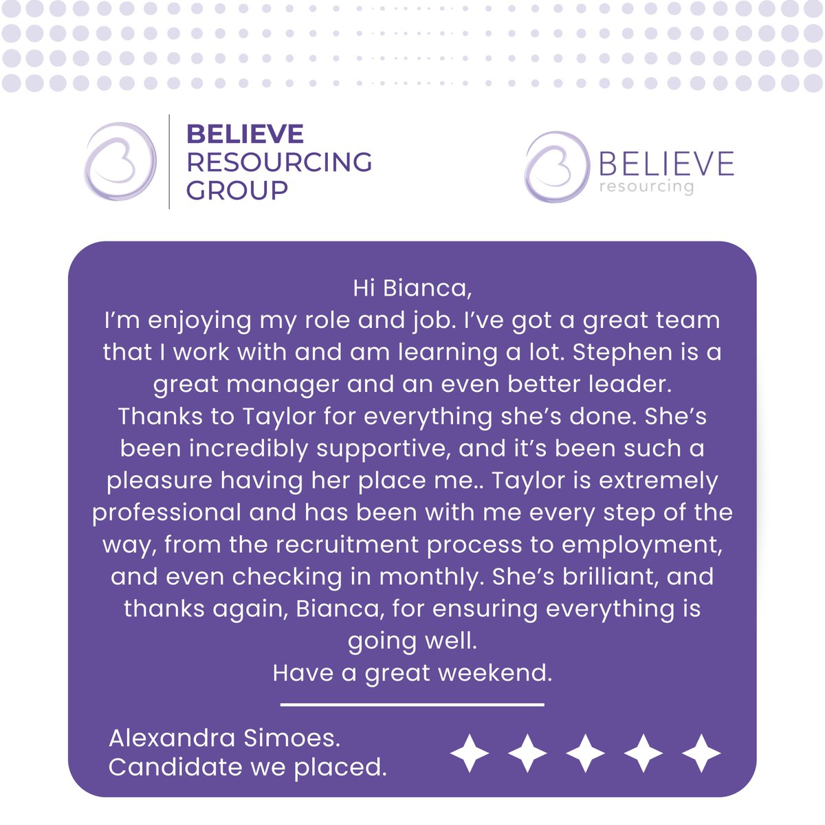BelieveRsrcng's tweet photo. Testimonial from a happy candidate we placed! Thank you so much Alexandra and to all the incredible candidates we have placed.

Get in contact with us:
https://t.co/IcV5Vytr5z
+27 (0) 83 570 8398
info@believeresourcing.com

#testimonial #candidate #recruitment #cv #work #job https://t.co/rq4o8pjI7g
