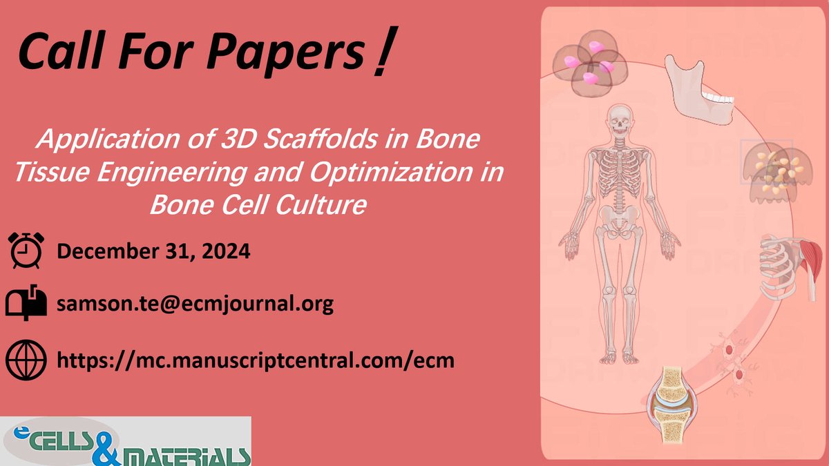 gan_aries's tweet photo. 📢#eCM We are excited to share a Topic call for papers "Application of 3D Scaffolds in Bone Tissue Engineering and Optimization in Bone Cell Culture" @eCM_Journal 

🌐Submission Link: https://t.co/MJkNfmAX1i

Any Question: samson.te@ecmjournal.org

#Bone #CFP #Scaffold #OA  #Cell https://t.co/CJvZfAeaPQ