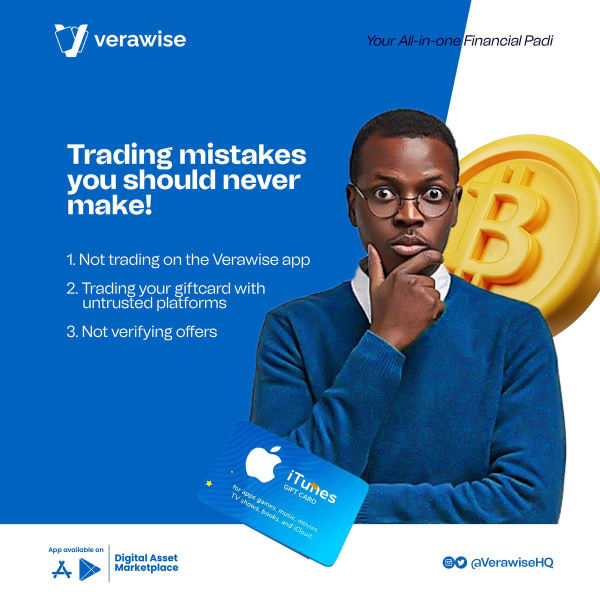 VerawiseHQ's tweet photo. Stop the mistakes of trading on the wrong platform. Trade with trusted platformπΊ
Click on the link in our bio to download the Verawise app now!
.
.
.
.
.
#vera #verapay #verawiseha #giftcards #digitalasset #tradingplatform #cryptotrading #billspayment #explore #trending https://t.co/13b3GPMZwK
