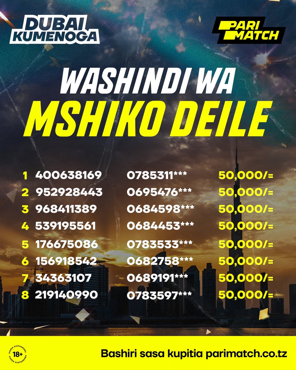 Parimatchtz's tweet photo. 🎉 Hongera kwa washindi wetu wa MSHIKO DEILE kutoka kwenye kampeni yetu ya #DubaiKumenoga

🚀 Jaza na Airtel Money kisha beti kwenye mechi za leo uingie kwenye DROO  ya kwenda Dubai Kula bata kwa siku 4

Tembelea https://t.co/rOyCdPYNC3 kucheza sasa 

#ChezaUnashinde https://t.co/nX1A2os8Jo