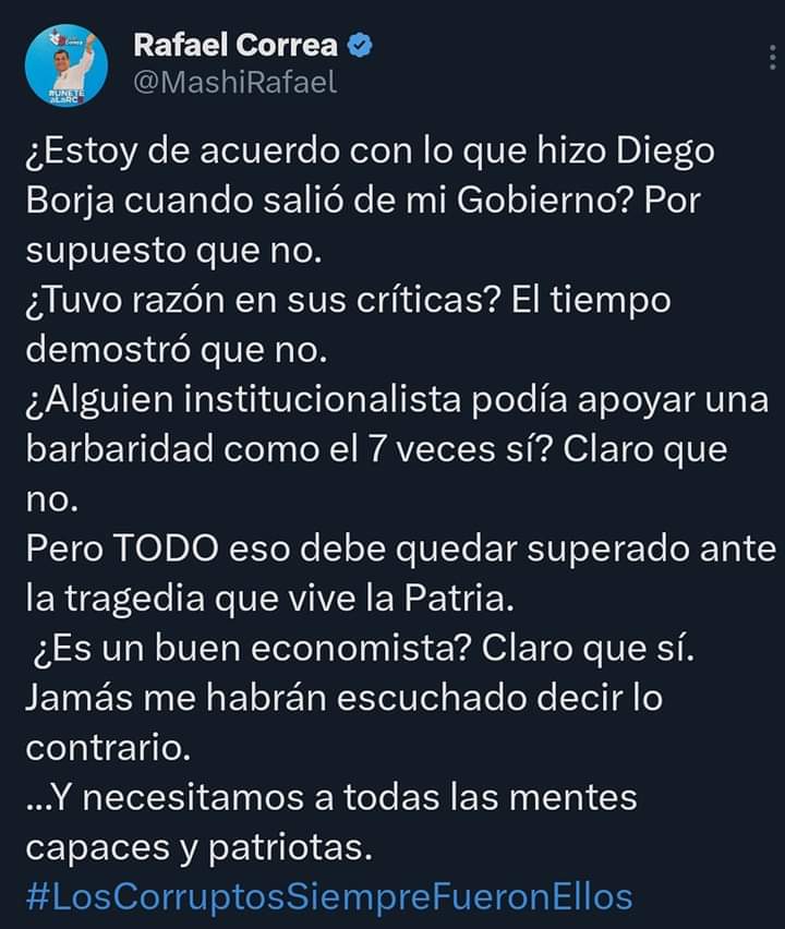 A la militancia de <a href="/RC5Oficial/">Revolución Ciudadana</a> :
Nuestro Ecuador , se encuentra en la más profunda crisis social política, economica, arrastrado por estos últimos tres nefastos gobiernos.UNIDAD compañeros,
Ya tenemos BINOMIO <a href="/LuisaGonzalezEc/">Luisa González</a> y <a href="/DiegoBorjaPC/">Diego Borja Cornejo</a> 
HLVS 🇪🇨
<a href="/MashiRafael/">Rafael Correa</a>