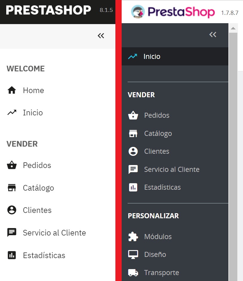 🤔¿Con qué menú lateral de #PrestaShop os quedáis? ¿Versión 8.1 en blanco, o versión 1.7 gris? Yo tengo clara mi respuesta.

#ecommerce #tiendasonline