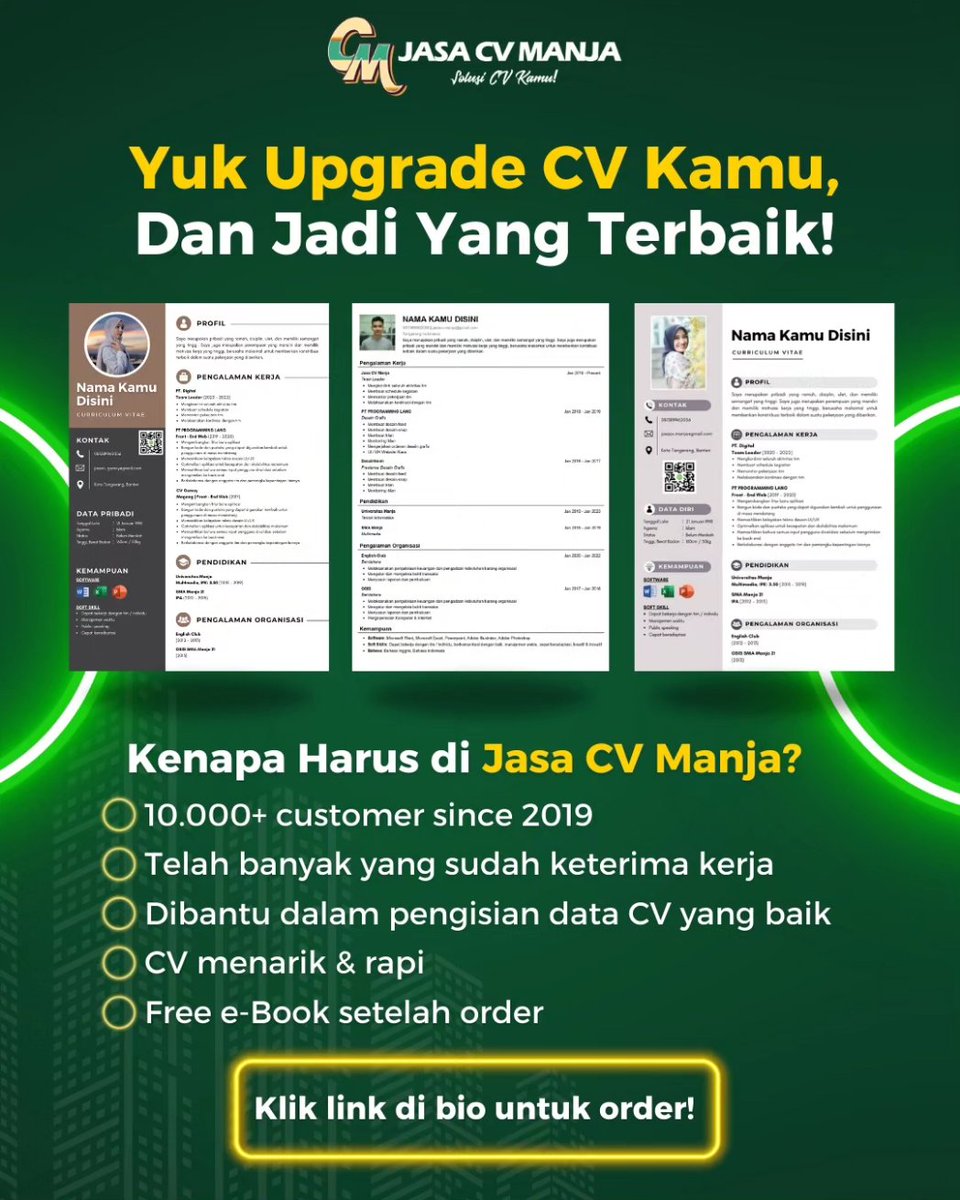 jasacvmanja_id's tweet image. Upgrade CV kamu dan jadi yang terbaik! 📄✨
~ Klik link di bio untuk order CVnya yah 🤗
🔸
#tipscv #tipsmelamarkerja #jokicv #jasacv #jasacvats #jokicv #lokerjakarta #lokertangerang #lokersurabaya