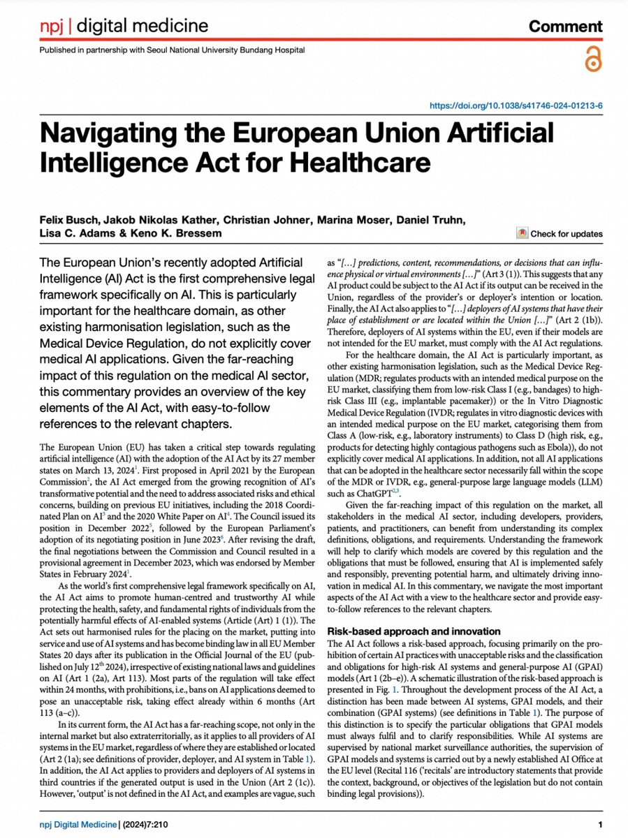 Felix Busch (@fel_busch) on Twitter photo I am excited to share that our article *Navigating the European Union Artificial Intelligence Act for Healthcare* has just been published in <a href="/npjDigitalMed/">npj Digital Medicine</a>🚀
#AIRegulation #DigitalHealth #EUAIAct #MedicalDevices #Innovation #npjDigitalMedicine #AIinHealthcare I am excited to share that our article *Navigating the European Union Artificial Intelligence Act for Healthcare* has just been published in <a href="/npjDigitalMed/">npj Digital Medicine</a>🚀
#AIRegulation #DigitalHealth #EUAIAct #MedicalDevices #Innovation #npjDigitalMedicine #AIinHealthcare