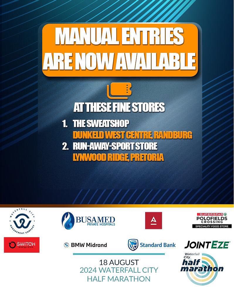 We are down to 5 DAYS to the #WaterfallCityHalfMarathon 😅 

Online entries are closed BUT manual entries are still open at The Sweatshop &amp; RunawaySport (see frame 2) 🥳

Hurry up and get your entry! 💙🌊

#Reakitima 
#BlueWave 
#WCACxBusamed2024 
#AreyengMOA
