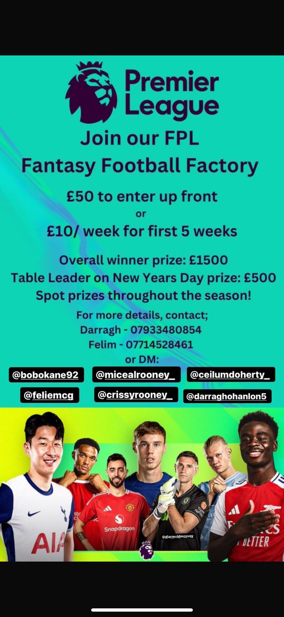Darragh O'Hanlon (@darraghohanlon) on Twitter photo Anyone looking into the fantasy football league give me or any of the lads a shout ⚽️ 💵 #FantasyFootball #PremierLeague <a href="/OfficialFPL/">Fantasy Premier League</a> <a href="/premierleague/">Premier League</a> Anyone looking into the fantasy football league give me or any of the lads a shout ⚽️ 💵 #FantasyFootball #PremierLeague <a href="/OfficialFPL/">Fantasy Premier League</a> <a href="/premierleague/">Premier League</a>