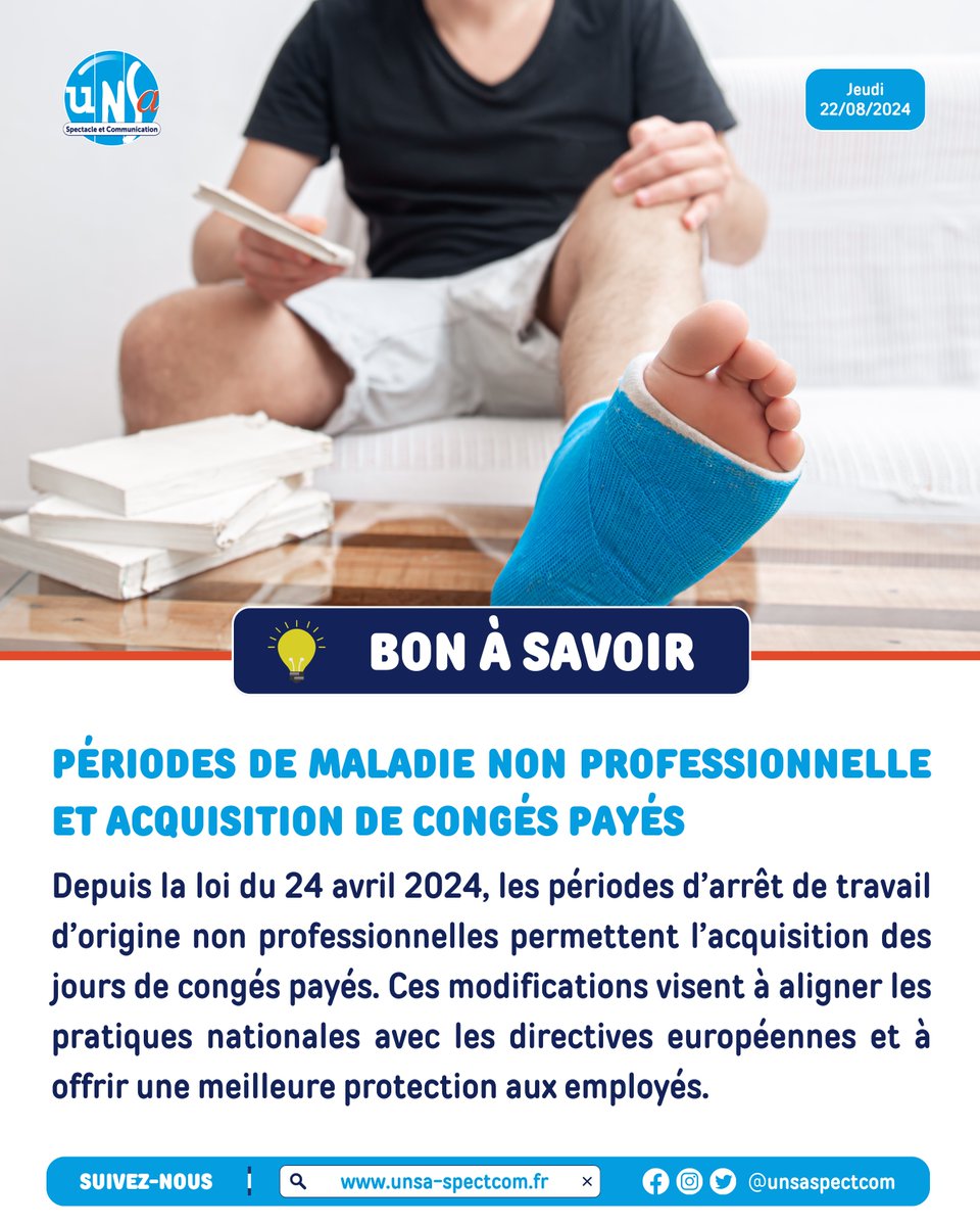 unsaspectcom's tweet photo. Depuis la loi du 24 avril 2024, les périodes d’arrêt de travail d’origine non professionnelles permettent l’acquisition de jours de congés payés.

Pour comprendre les principales dispositions et de leur application ▶️ https://t.co/pAyDwFdmdg

#CongésPayés #DroitDesTravailleurs https://t.co/yRoiy50YJL