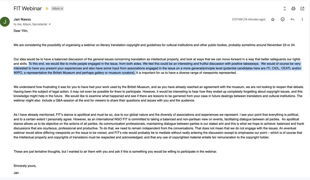 yilinwriter's tweet image. I am absolutely not interested in having &quot;both sides&quot; discussions about the British Museum&apos;s theft of my work, @fit_ift. This is one of the most insulting emails I have received on this topic to date. It&apos;s impossible for the discussion to be &quot;apolitical.&quot;