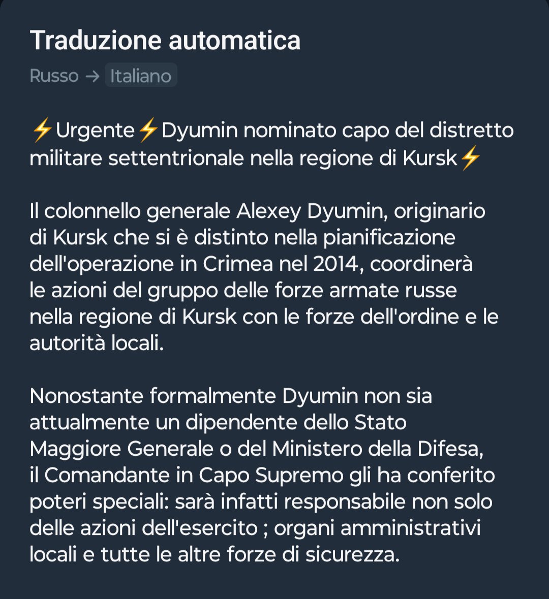 Fabio1971p's tweet photo. 1/4 La nomina di #Dyumin a coordinatore di tutte le operazioni 🇷🇺 sia militari che civili nell'Oblast di #Kursk indica che #Putin è veramente contrariato per la situazione.
Tale nomina infatti sottende che #Gerasimov è esautorato, almeno di fatto, dal comando.
(segue) https://t.co/vmPUeb8My9