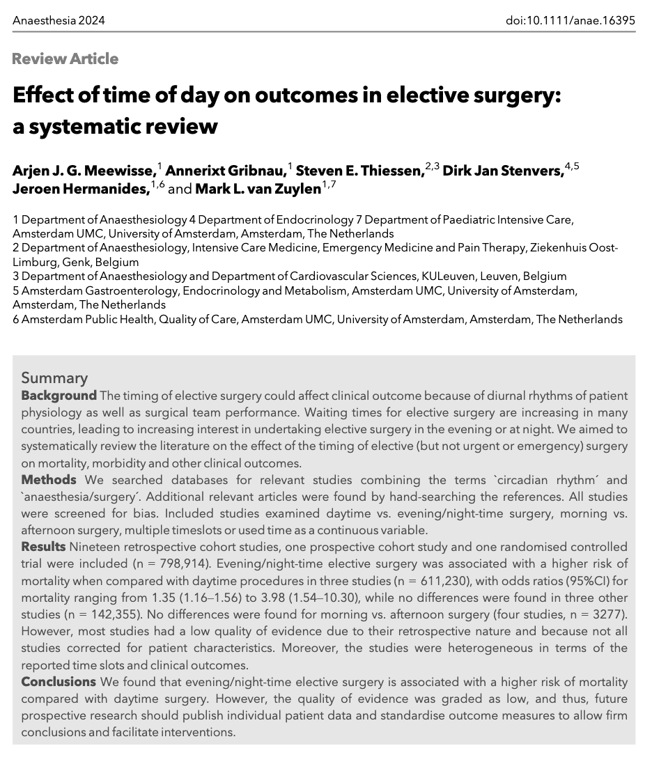 Anaes_Journal's tweet photo. Should we do elective surgery in the evening or at night to decrease waiting times?

There is very low quality evidence showing that evening/night-time elective surgery is associated with a higher risk of mortality compared with daytime surgery.

🔗https://t.co/0lCa3n8E0n