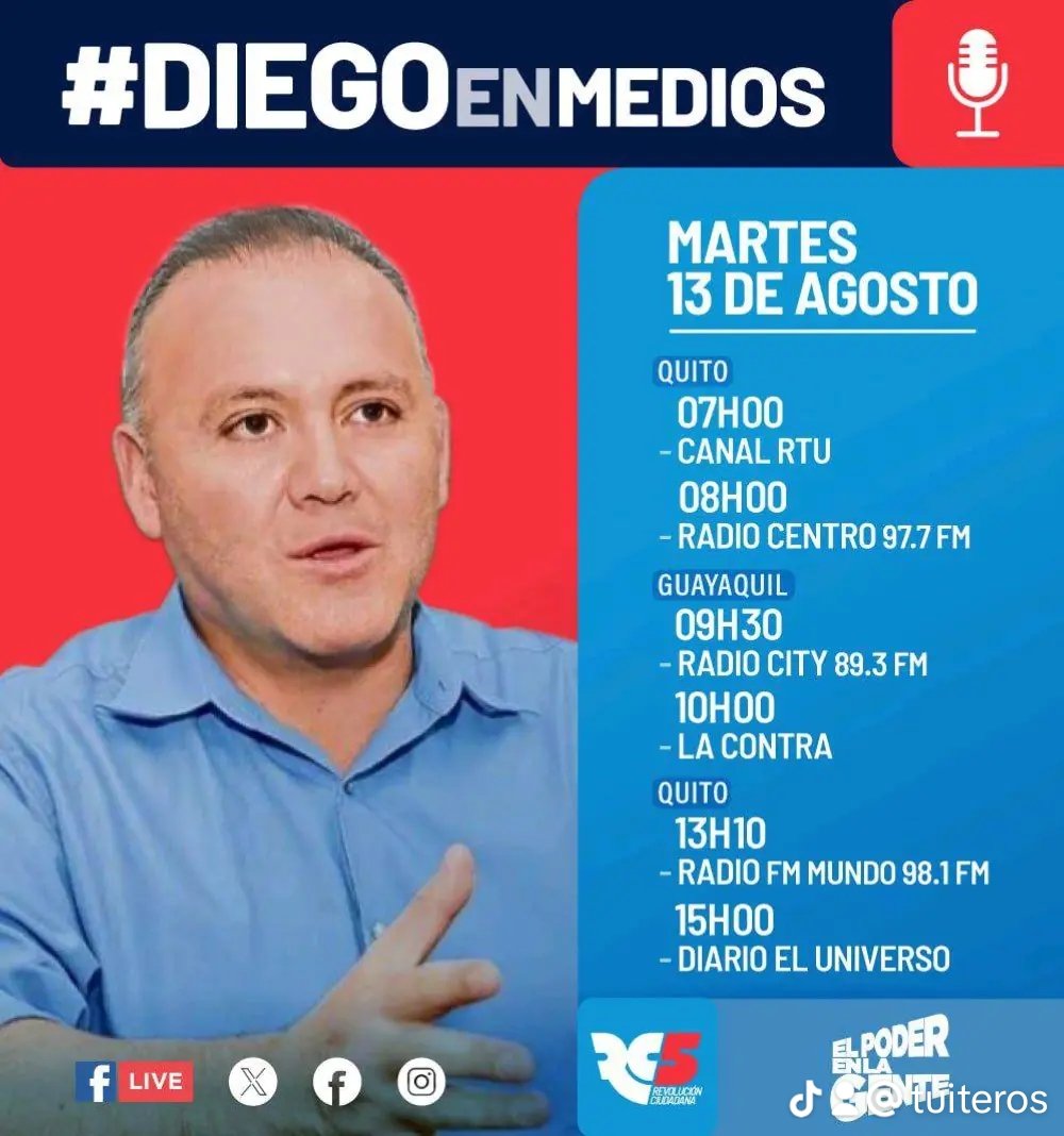 📌#DiegoEnMedios | Acompañemos hoy en sus entrevistas a nuestro candidato a Vicepresidente <a href="/DiegoBorjaPC/">Diego Borja Cornejo</a> 

🗓 13/Agosto
⏰ 07h00 / 08h00 / 09h30 / 10h00 / 13h10 / 15h00
📺 Canal RTU / Radio Centro / Radio City / La Contra / Radio FM Mundo / Diario El Universo

#ElPoderEnLaGente