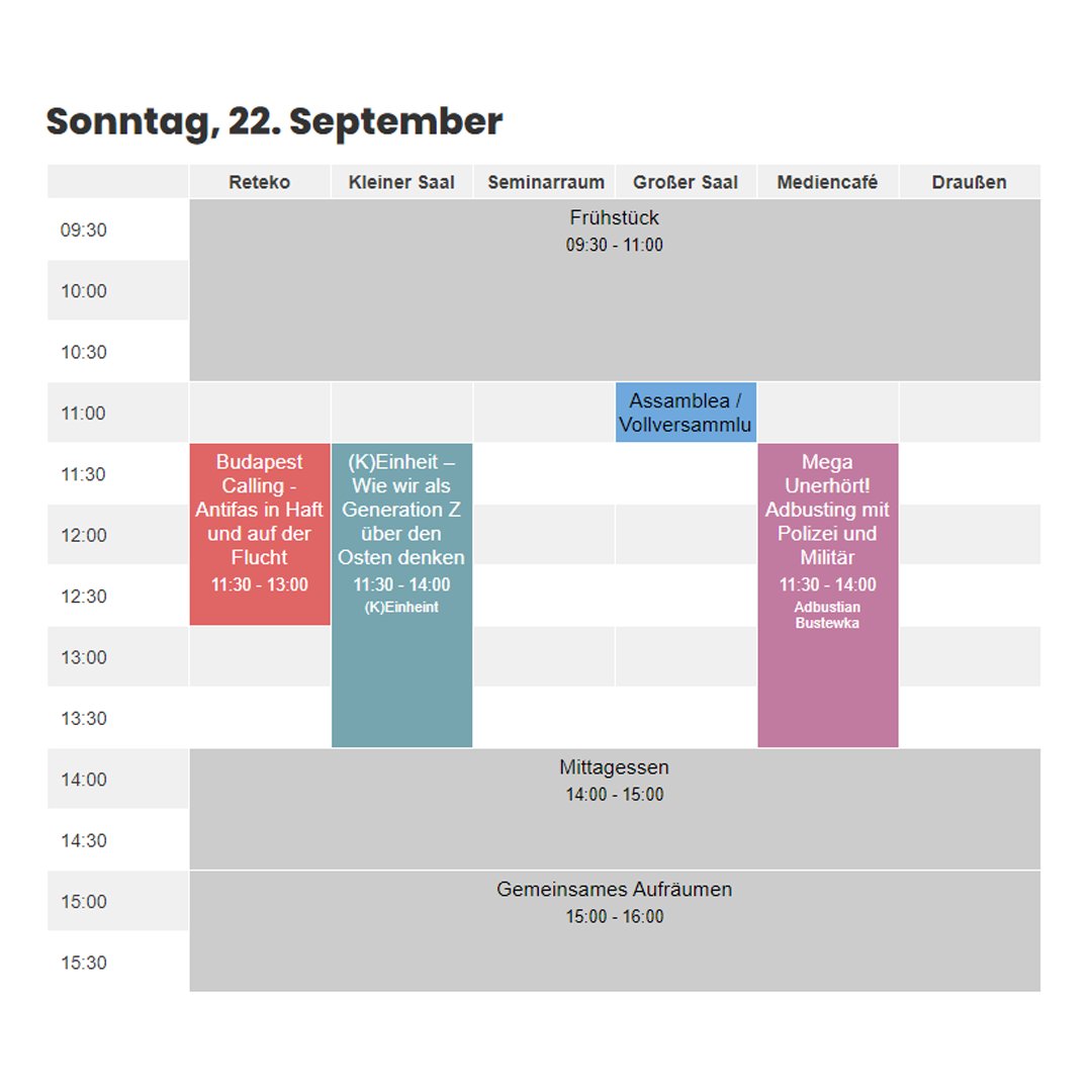 So Leute, das Programm für den #JuKo24 steht - ohne Gewähr:

antifaschistischer-jugendkongress.org/timetable/cate…

Auf der Seite könnt ihr euch auch anmelden, Pennplätze klarmachen, ...

Wie wichtig #Antifaschismus ist, haben wir letzten Samstag, zum #CSD in #Bautzen, mal wieder gesehen.

#Ostdeutschland