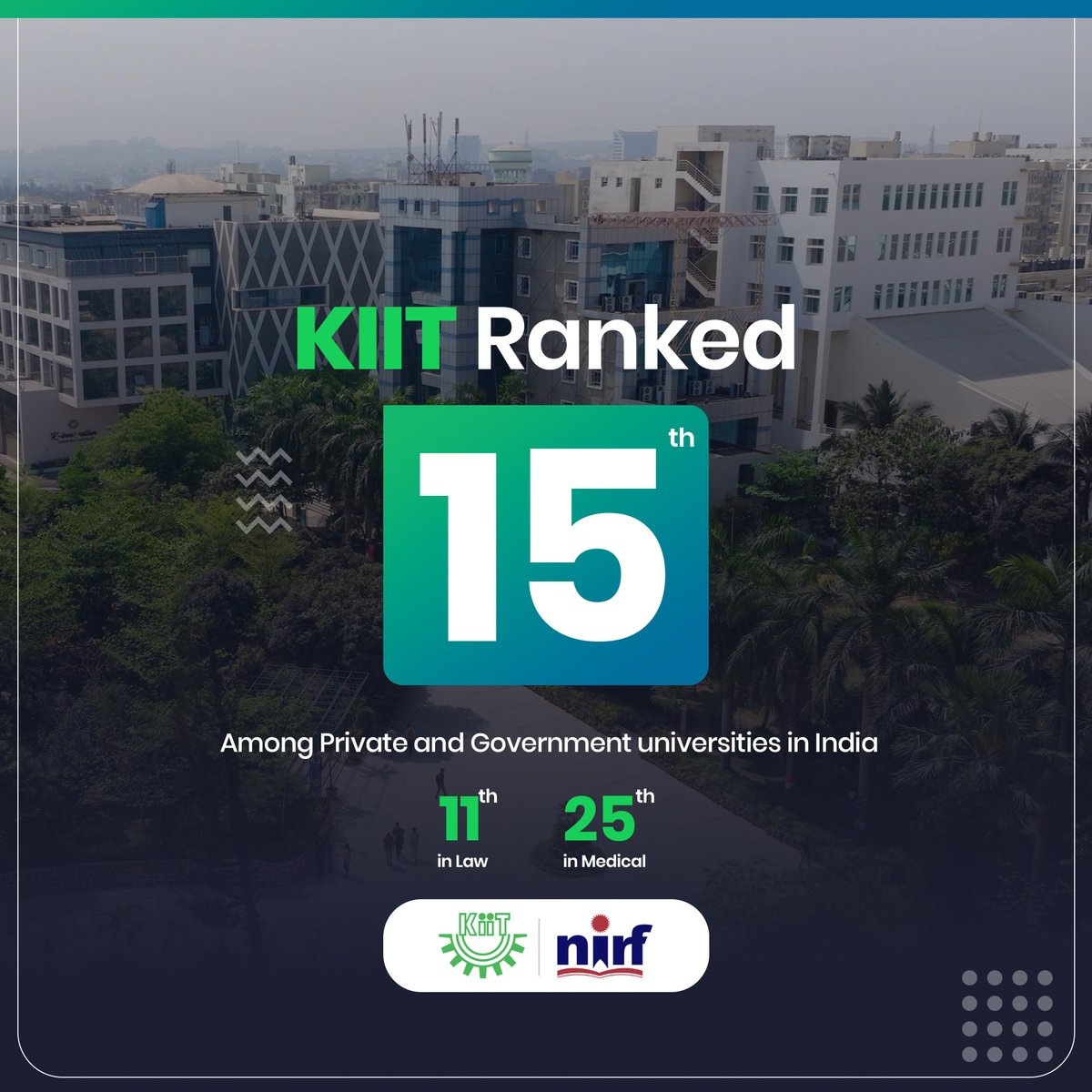 Thrilled to share that in the NIRF Rankings 2024 by the Government of India, KIIT has been ranked in the top 15 among private and government universities in India, moving up from 16th last year.