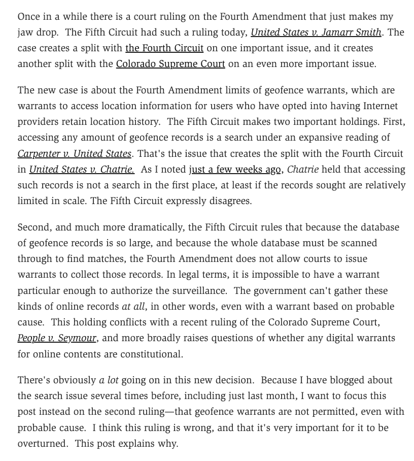 OrinKerr's tweet photo. "The Fifth Circuit Shuts Down Geofence Warrants—And Maybe A Lot More."   New from  me at Volokh, a deep dive for the law nerds.  (This time, really really deep.) https://t.co/4XAU0u5jWo https://t.co/Id6Yn7FXrt