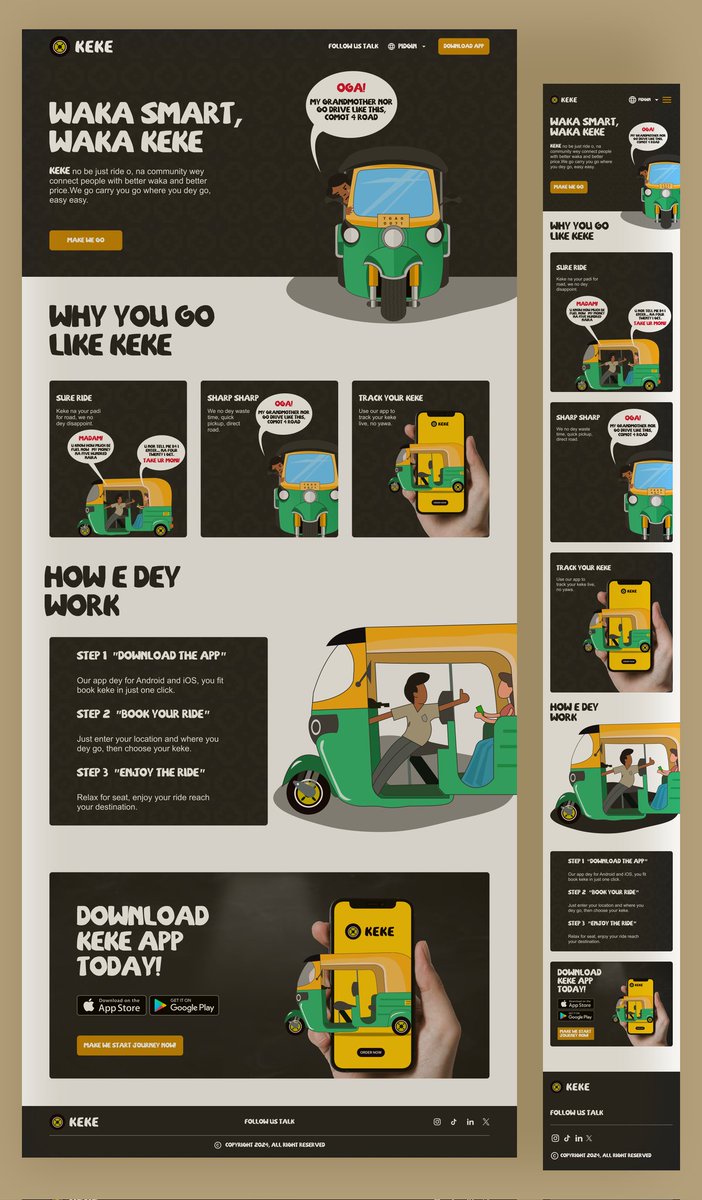 Oladoyin0's tweet photo. Just wrapped up my latest design project, 'Kẹkẹ' 🥰, a web app that connects with both Pidgin and English speakers!  Inspired by @TgAgbaje illustration, this landing page is all about culture and accessibility. Proud of how it turned out!🥰 👏 #illustration #UXDesign #uidesign https://t.co/4xBfAooIJb
