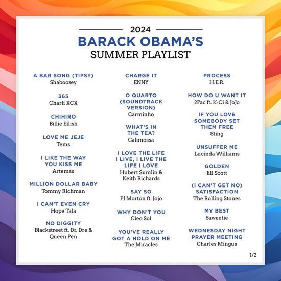 thevibxzspot's tweet image. Barack Obama shares his 2024 Summer Playlist. Featuring Tems and Rema