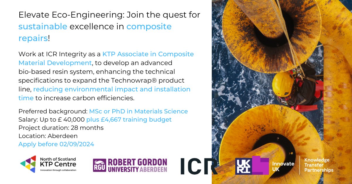 ktpnorthscot's tweet photo. ✨Are you an expert in Material Science?✨

Join @ICRIntegrity and @RobertGordonUni on the quest for #sustainable excellence in composite repairs!  

🔗Apply here: https://t.co/phx1ySvw7t… 
🗓️Closing date: 02/09/2024 https://t.co/5jgnD13a8h