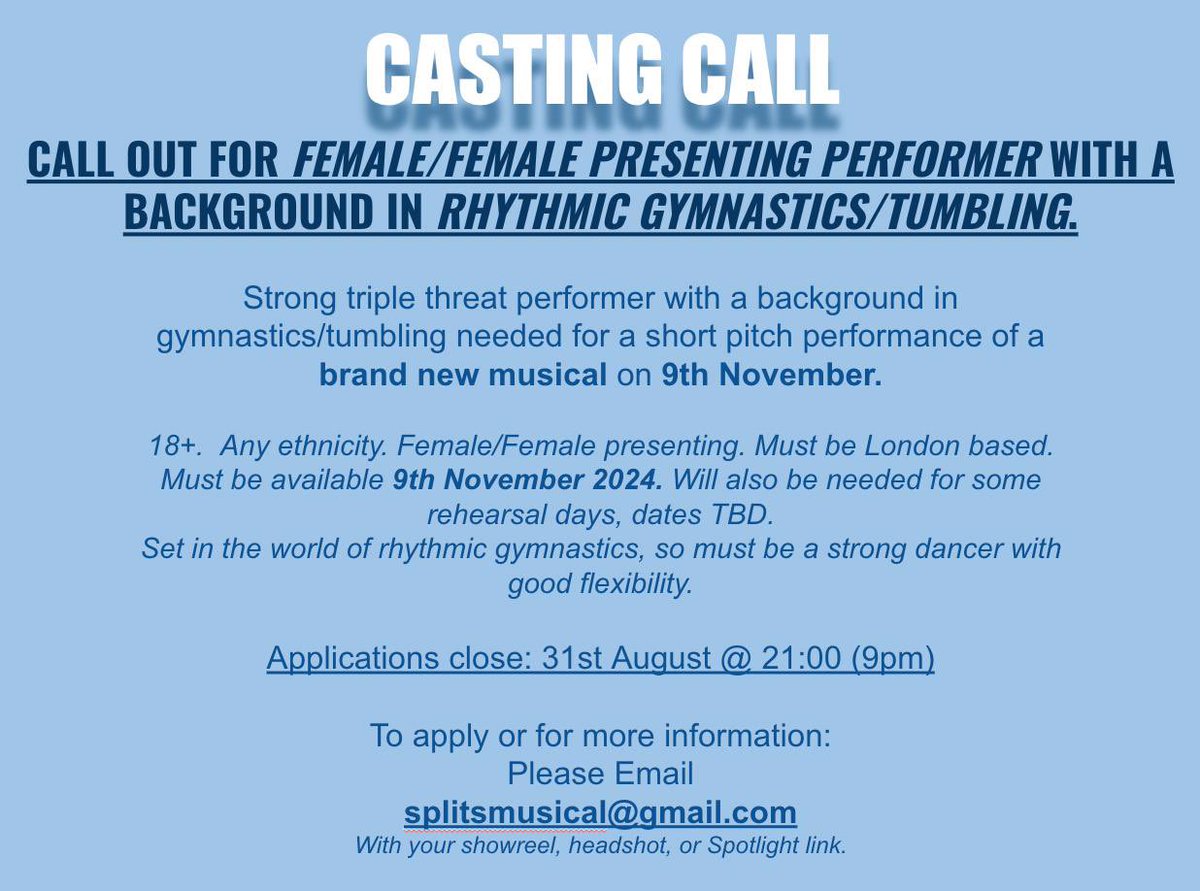 Call out! Working on a very exciting project and looking for a performer - feel free to message with any questions or for more details. #casting #newmusicals