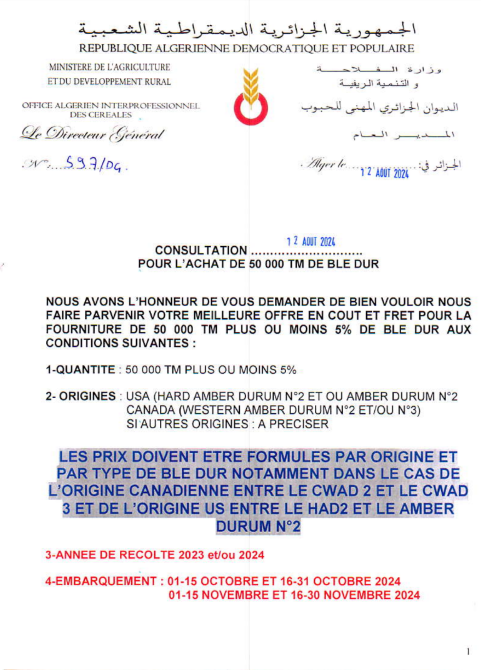 granduro's tweet photo. Algeria tender durum wheat (minimum 50 kt). Closing date August 14, 2024. https://t.co/VkEIxeKtCB