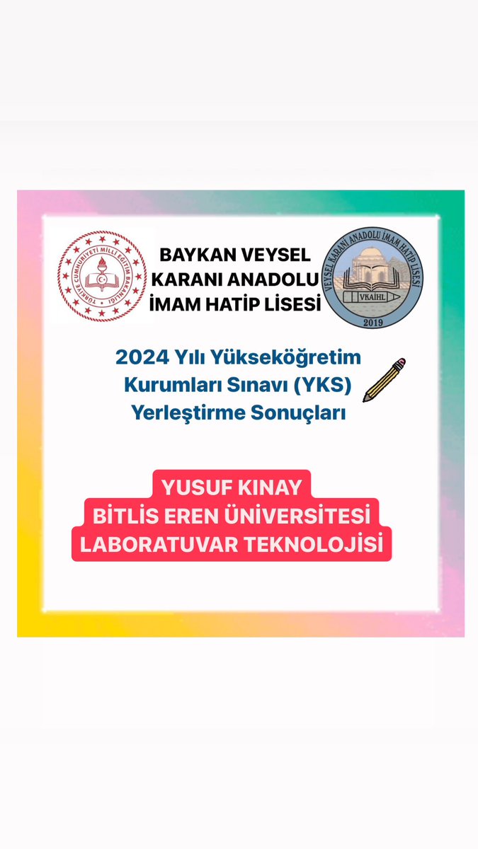 VKaihl's tweet photo. 4 yıl boyunca okulumuz sıralarında emek veren öğrencilerimizi ve ailelerini tebrik eder, Okul sıralarından üniversite sıralarına destekleriniz esirgemeyen okul idaresi ve öğretmenlerimize teşekkür ederiz.Öğrencilerimiz için hayırlı olmasını temenni ederiz 🙏🏻 @mem_siirt @Baykanmem https://t.co/gg2AwaLFp9