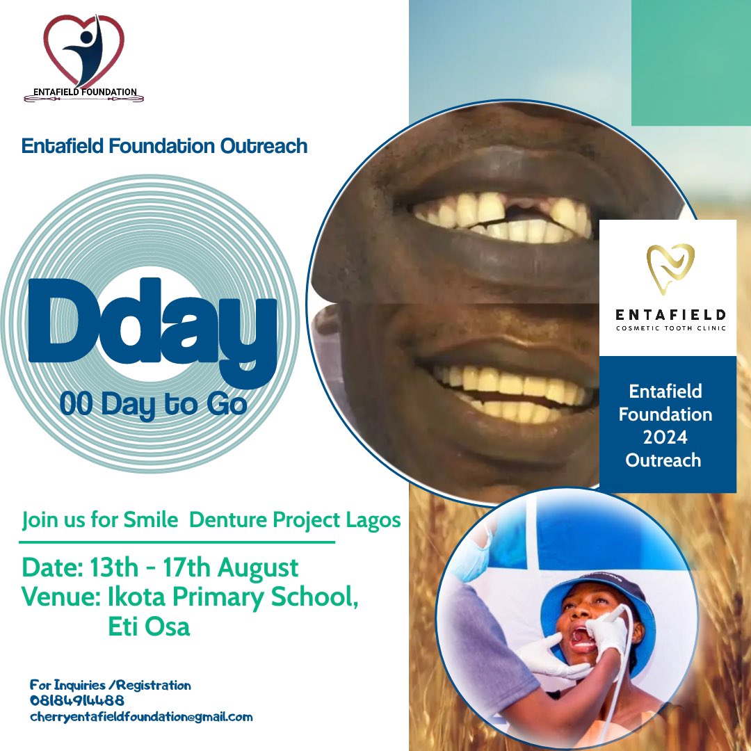 Entafield_fndtn's tweet photo. It’s Outreach O’Clock ✨
Entafield Foundation Dental Outreach 2024 🎉

Smile Lagos 
A 1000 Denture Project ✨

📅 Tuesday 13th to Saturday 17th of August
📍 Ikota Primary School
🕒 10am

Register here if you haven’t 👇👇
https://t.co/ILWGg41O7y 
#outreach #dentist #entafield https://t.co/Nlk1KyLjUS
