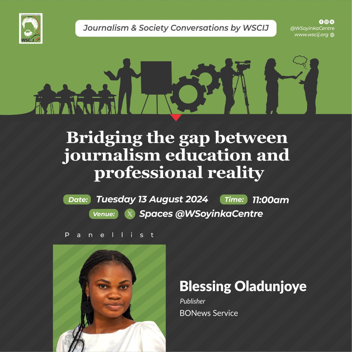 2. <a href="/OladunjoyeBles1/">Blessing Oladunjoye</a> is the publisher <a href="/BONewsService/">BONewsService</a> and a member of the African Fact-Checking Alliance (AFCA) <a href="/Code4Africa/">Code for Africa</a>. 

She will share, from experience, how student journalists can transition from studying to becoming media practitioners.

bit.ly/bridgingthegap…