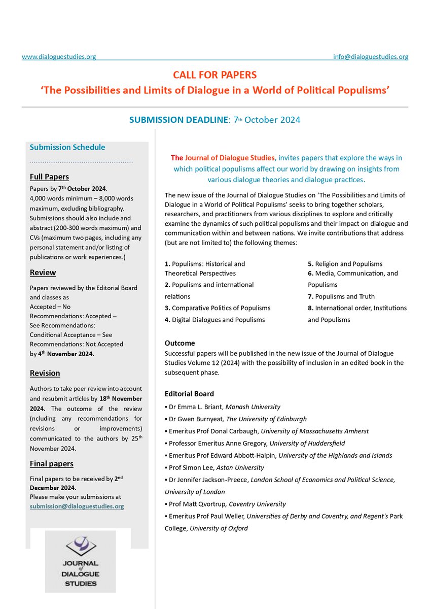 📢Call for Papers: Journal of Dialogue Studies📢

The Journal of Dialogue Studies invites papers on "The Possibilities and Limits of Dialogue in a World of Political Populisms." For more details, please see the poster below and visit dialoguestudies.org
