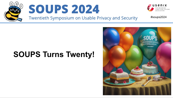 Mainack Mondal (@_mainack) on Twitter photo We had a great first day at <a href="/SOUPSConference/">Symposium on Usable Privacy and Security</a> with talk sessions, SOUPS history from <a href="/lorrietweet/">Lorrie Cranor</a> , retrospective panel and a celebration of 20 years of SOUPS!
Looking forward to the second day! It is amazing to see so many inspiring people and works around. #soups2024 We had a great first day at <a href="/SOUPSConference/">Symposium on Usable Privacy and Security</a> with talk sessions, SOUPS history from <a href="/lorrietweet/">Lorrie Cranor</a> , retrospective panel and a celebration of 20 years of SOUPS!
Looking forward to the second day! It is amazing to see so many inspiring people and works around. #soups2024