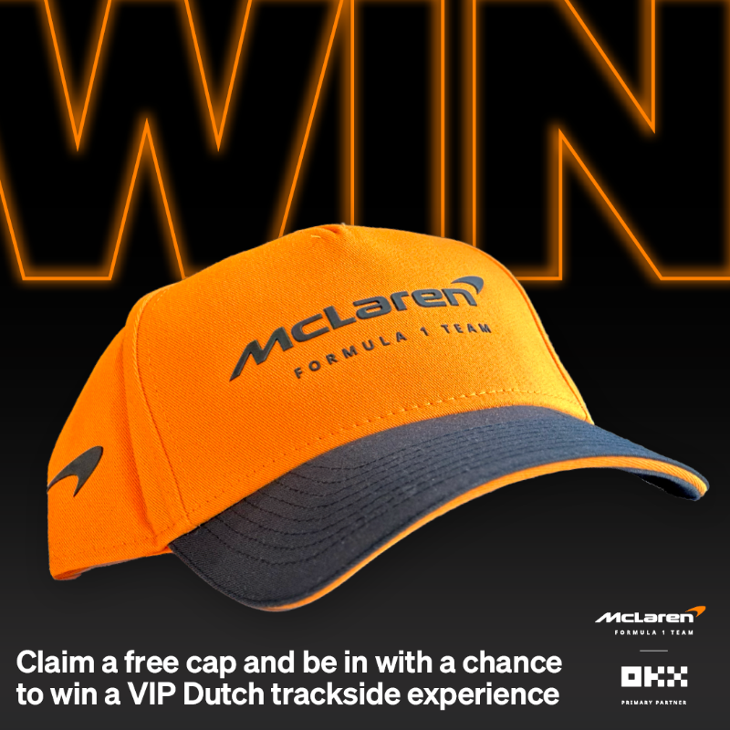 okx's tweet photo. Claim a free cap and be in with a chance to win a VIP Dutch trackside experience🏎️