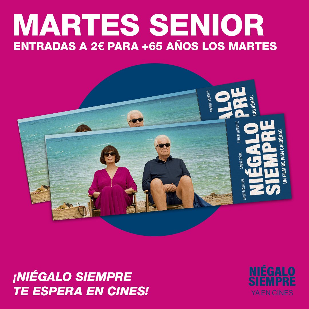 karmafilms's tweet photo. 🎟 ¿Tienes +65 años? Entonces este planazo es para ti 🙌. 

Los #MartesSenior, tu entrada solo a 2€ para ver #NiégaloSiempre 🍿.

Consulta cines disponibles en https://t.co/DVni7zwrvM. 

#KarmaFilms #AContraFilms https://t.co/Co36UD0ljw