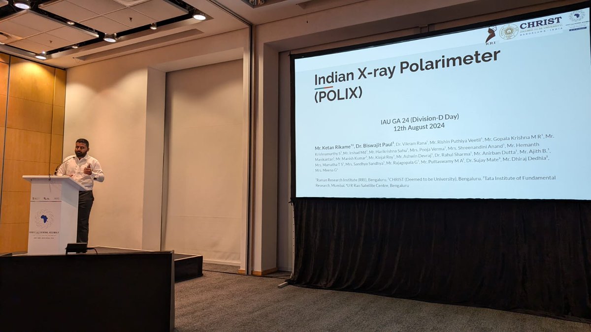 asipoec's tweet photo. Ketan Rikame (@rikame_ketan) from @RRI_Bangalore presented a talk about India's first and world's second dedicated X-ray polarimeter POLIX in the Division D session. #DivD @astronomy2024 #IndiaIAUGA2024 https://t.co/VSdW6KzzDq
