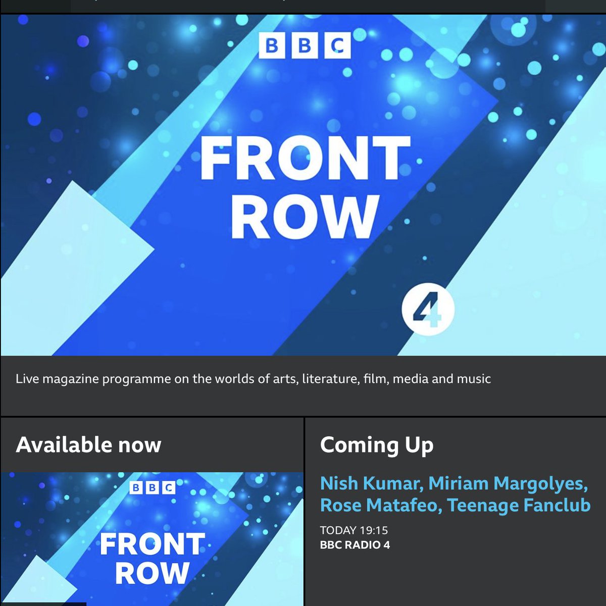 Teenage Fanclub (@teenagefanclub) on Twitter photo TONIGHT. Norman, Raymond and Euros will be playing a song in an approximately acoustic style as part of BBC Radio 4's <a href="/BBCFrontRow/">BBC Front Row</a>. On air live from 7:15pm to 8pm.
bbc.co.uk/programmes/m00… TONIGHT. Norman, Raymond and Euros will be playing a song in an approximately acoustic style as part of BBC Radio 4's <a href="/BBCFrontRow/">BBC Front Row</a>. On air live from 7:15pm to 8pm.
bbc.co.uk/programmes/m00…