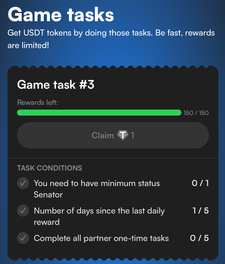 🎮 New Game Task! 🎮

Don’t miss your chance to claim your reward in USDT! 

- Minimum status: "Senator"
- Log into the game for 5 consecutive days
- Complete all one-time tasks
⚠️ Please note: the number of rewards is limited!

#Giveaway #airdrop #AirdropGiveaway #potusclick