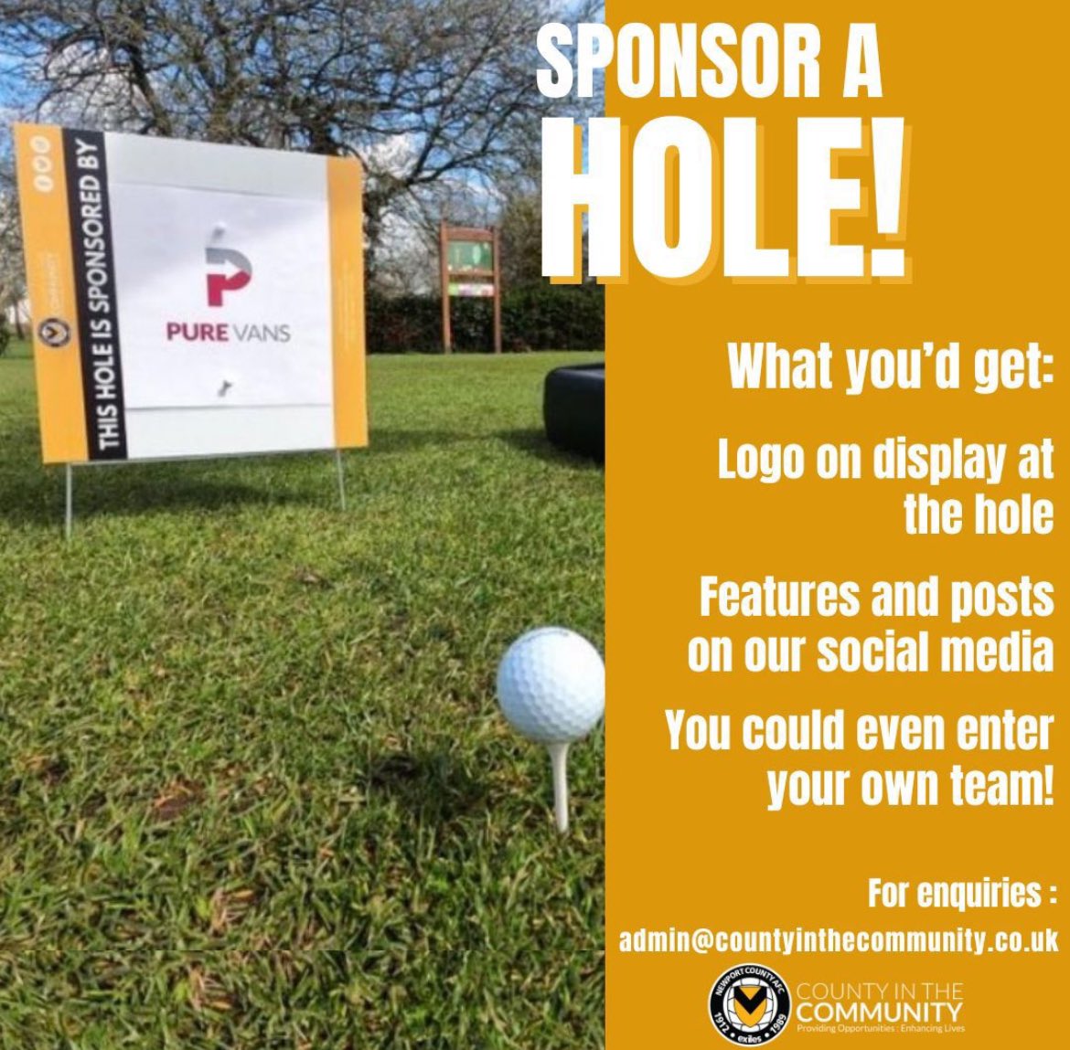 CountyCommunity's tweet photo. IT’S THAT TIME OF YEAR AGAIN 🤩

We’re holding our charity Golf Day on Friday 13th September at Llanwern Golf Club!

For interest in the day please contact 
admin@countyinthecommunity.co.uk
If there are any businesses that would also like to sponsor a hole please get in touch! ⛳️ https://t.co/c4pvRHX3NP
