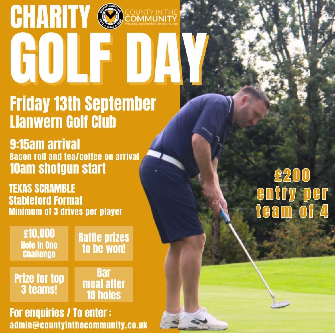 CountyCommunity's tweet photo. IT’S THAT TIME OF YEAR AGAIN 🤩

We’re holding our charity Golf Day on Friday 13th September at Llanwern Golf Club!

For interest in the day please contact 
admin@countyinthecommunity.co.uk
If there are any businesses that would also like to sponsor a hole please get in touch! ⛳️ https://t.co/c4pvRHX3NP