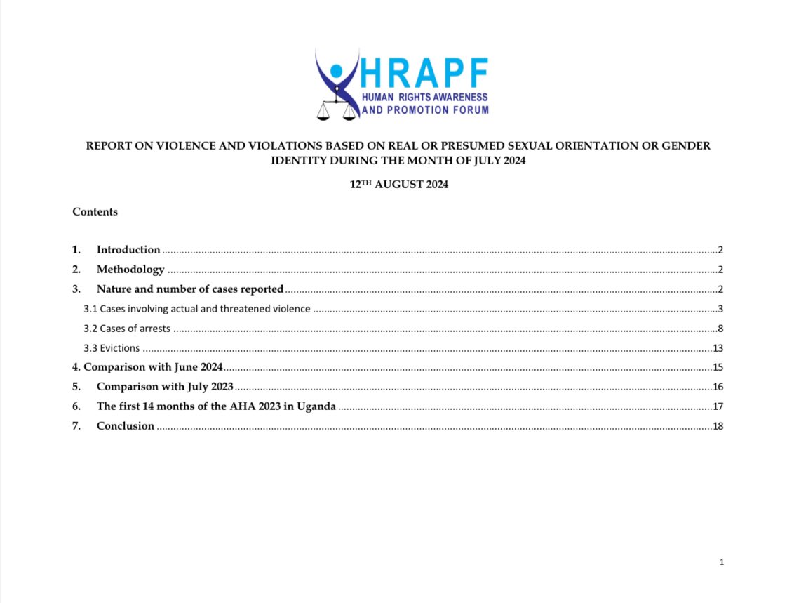 #HRAPFpublication

HRAPF's July 2024 violations report
This is HRAPF's 14th monthly report on violence and other human rights violations on the basis of SOGIE since the #AHA23 came into force

Link to report➡️ hrapf.org/?mdocs-file=11…