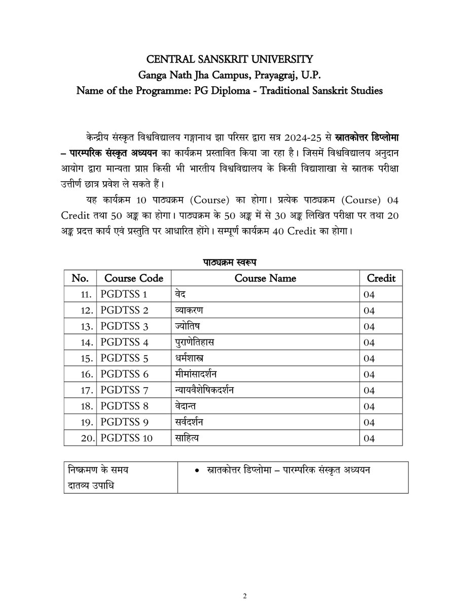 विश्वविद्यालय अनुदान आयोग (UGC) की पारंपरिक संस्कृत नेट परीक्षा कोड 73 के पाठ्यक्रम पर आधारित स्नातकोत्तर डिप्लोमा – पारम्परिक संस्कृत अध्ययन (PG Diploma - Traditional Sanskrit Studies)
Registration Link: sanskritadm.samarth.edu.in
