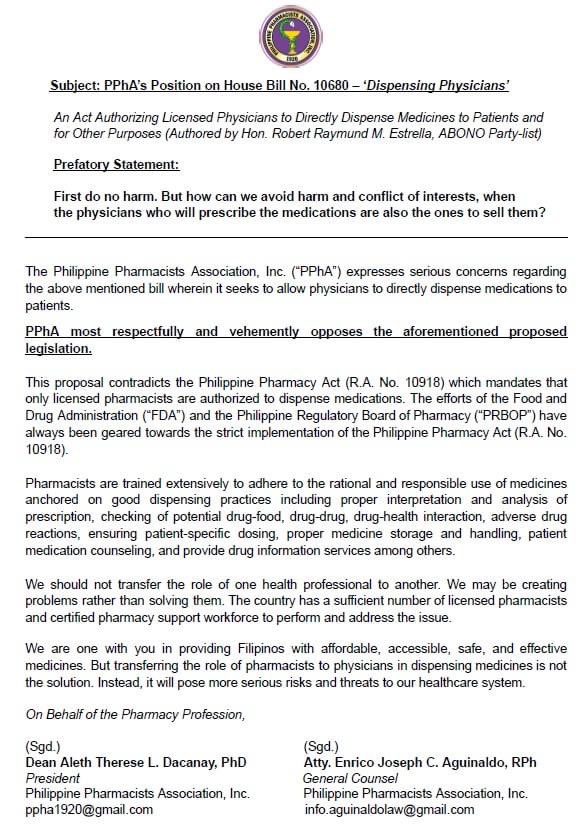 Sharing the Philippine Pharmacists Association’s position on House Bill No. 10680 - ‘Dispensing Physicians.