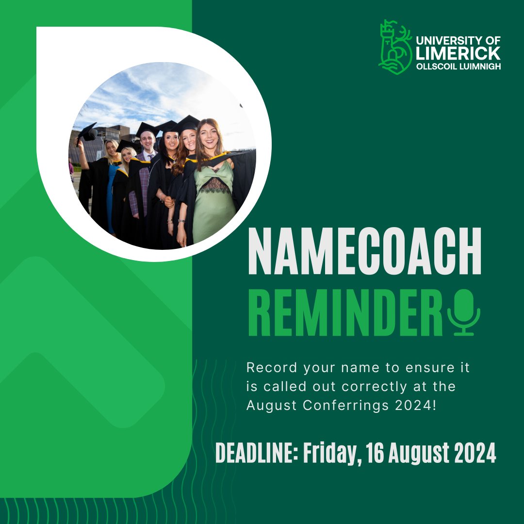Attention August Graduands‼️

When we call out Graduands names on-stage, we want to get it right 📢

Record your name on Namecoach to ensure we do -check your student email for the link.

Deadline: Friday, 16 August 2024 ⏳

#ulgraduation #studyatul