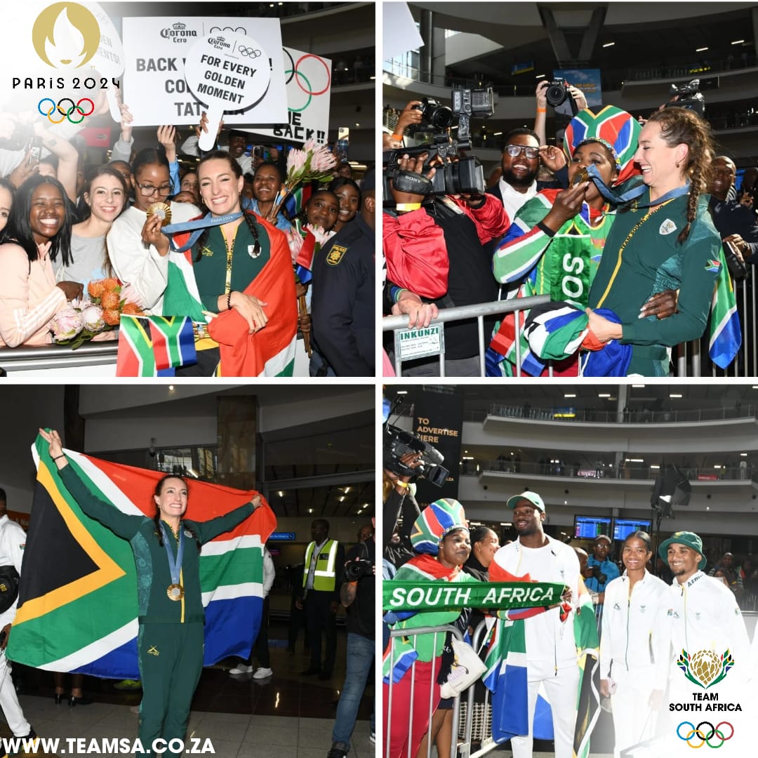 OfficialTeamRSA's tweet photo. 🥇🇿🇦 Mzansi celebrates as Tatjana Smith arrives home with her Olympic medals! The pride of our nation returns, greeted by fans and supporters who have cheered her on every step of the way. 

Tatjana,Mzansi is proud to stand with you! 🌟💚💛

#TeamSA #ForMyCountry #Olympics2024 https://t.co/MulnOXbKhQ