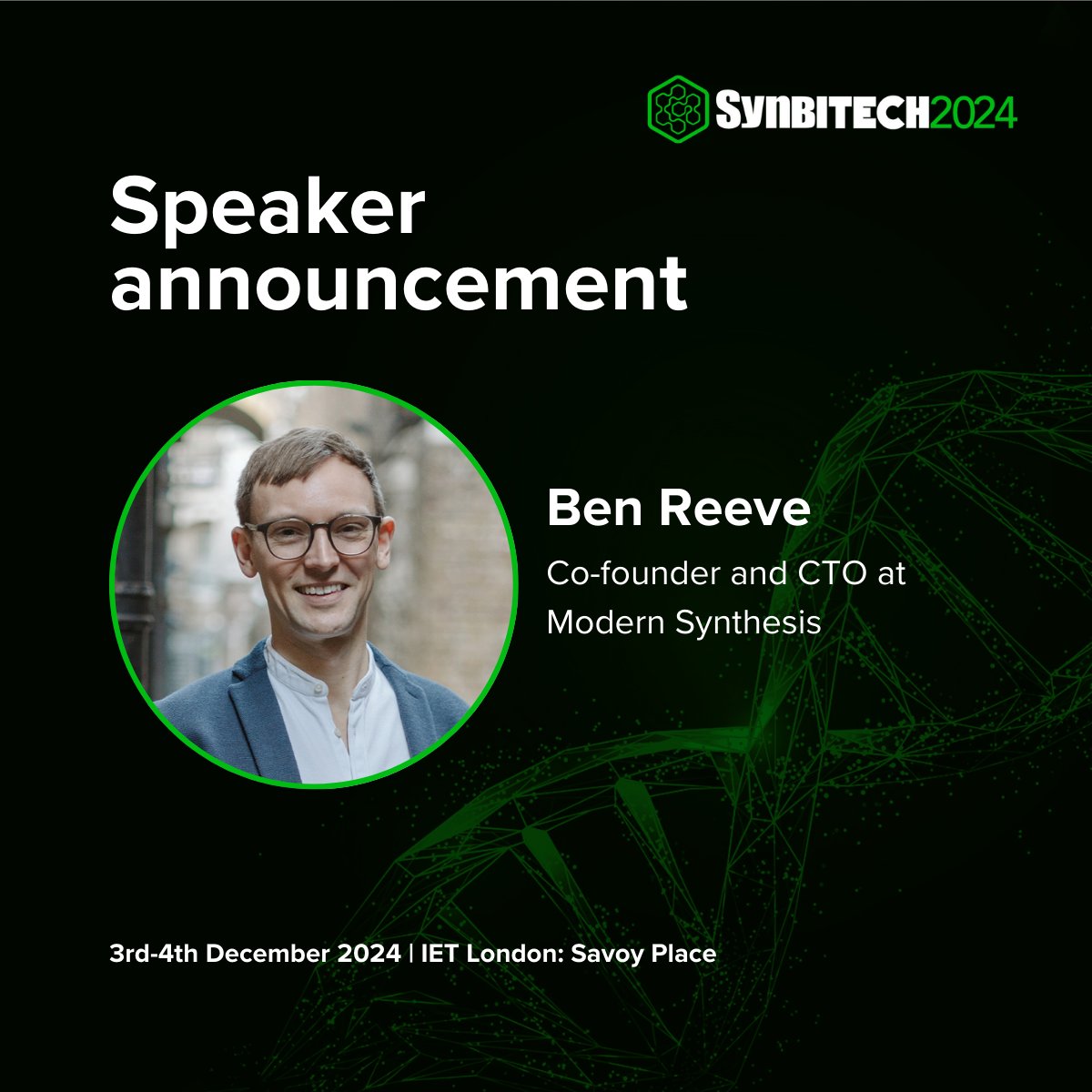 SynbiCITE's tweet image. We're pleased to announce that Ben Reeve, Co-founder and CTO of Modern Synthesis will be speaking at SynbiTECH 2024!
Secure your early bird ticket now available until the end of August: synbitech.com/book-tickets
#SynbiTECH24 #SynBio #SyntheticBiology