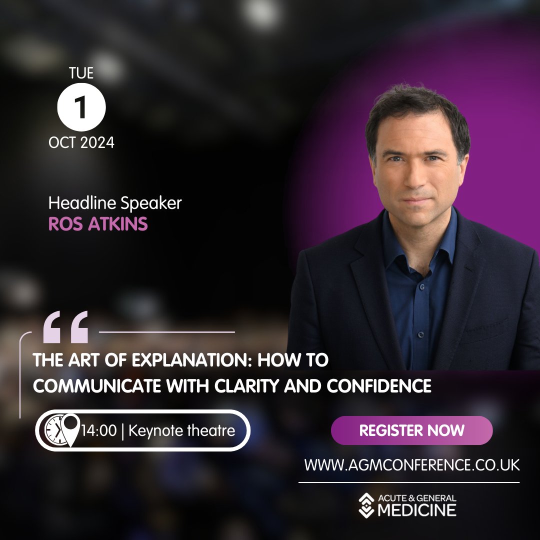 🎤⭐Introducing our second headline Speaker🎤⭐

Join <a href="/BBCRosAtkins/">Ros Atkins</a> as he shares the steps you need to take to express yourself with clarity and impact. You're in for a well-rounded agenda at #AGM24.
Book here➡️eu1.hubs.ly/H0bDwTB0
#communication #nhsdoctors #medicalconference